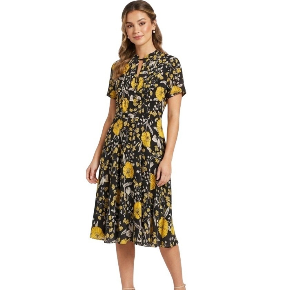 Nanette Lepore Dress Womens 10 Black Yellow Floral Fit Flare Short Sleeve V-Neck